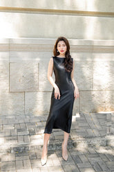 Silk Midi Dress with Draped Back and Sleeveless Cut